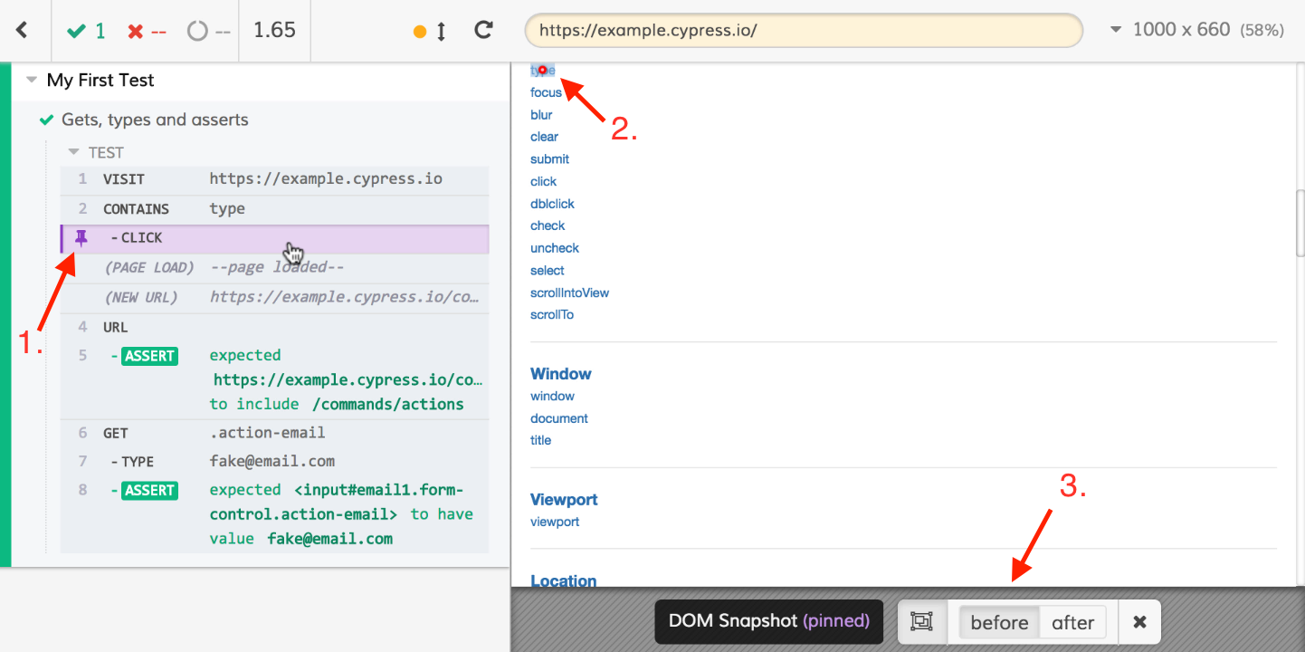 A click on the click command in the Command Log with Cypress App labeled as 1, 2, 3